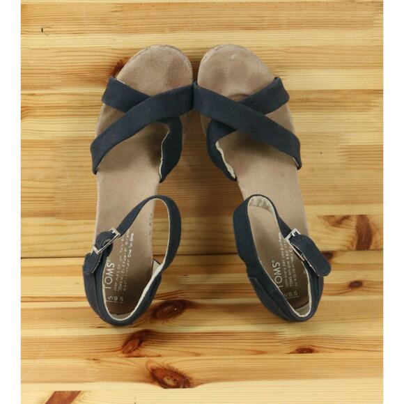 Toms Womens 9.5 Navy Blue Canvas Strappy Wedge Heel Sandals Ankle Strap - Picture 6 of 9